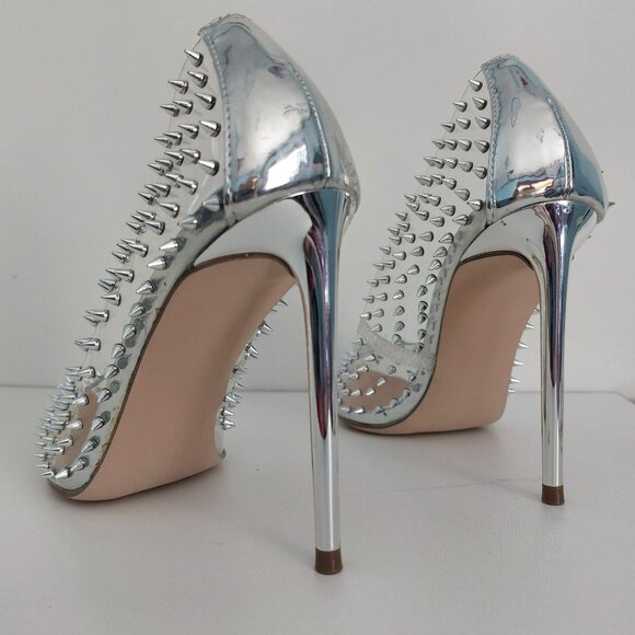 Steve Madden Pumps Silver Spiky Studs 8 Clear Pointy Toe Rock Glam VALA EUC - Picture 9 of 12